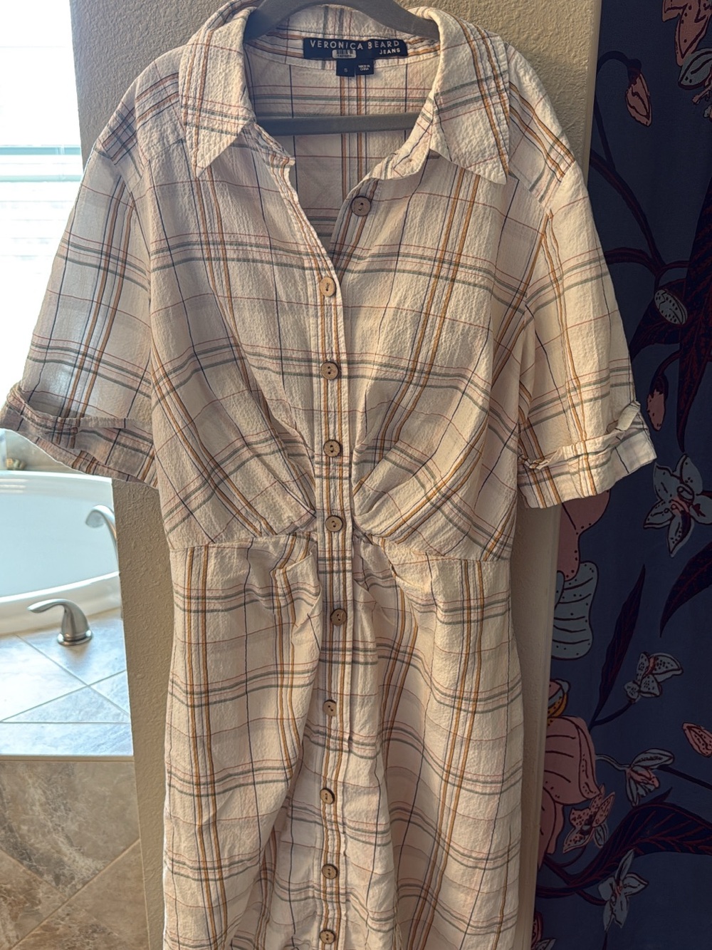 Veronica Beard Cream Plaid Button-Down Midi Dress with Tan Stripes